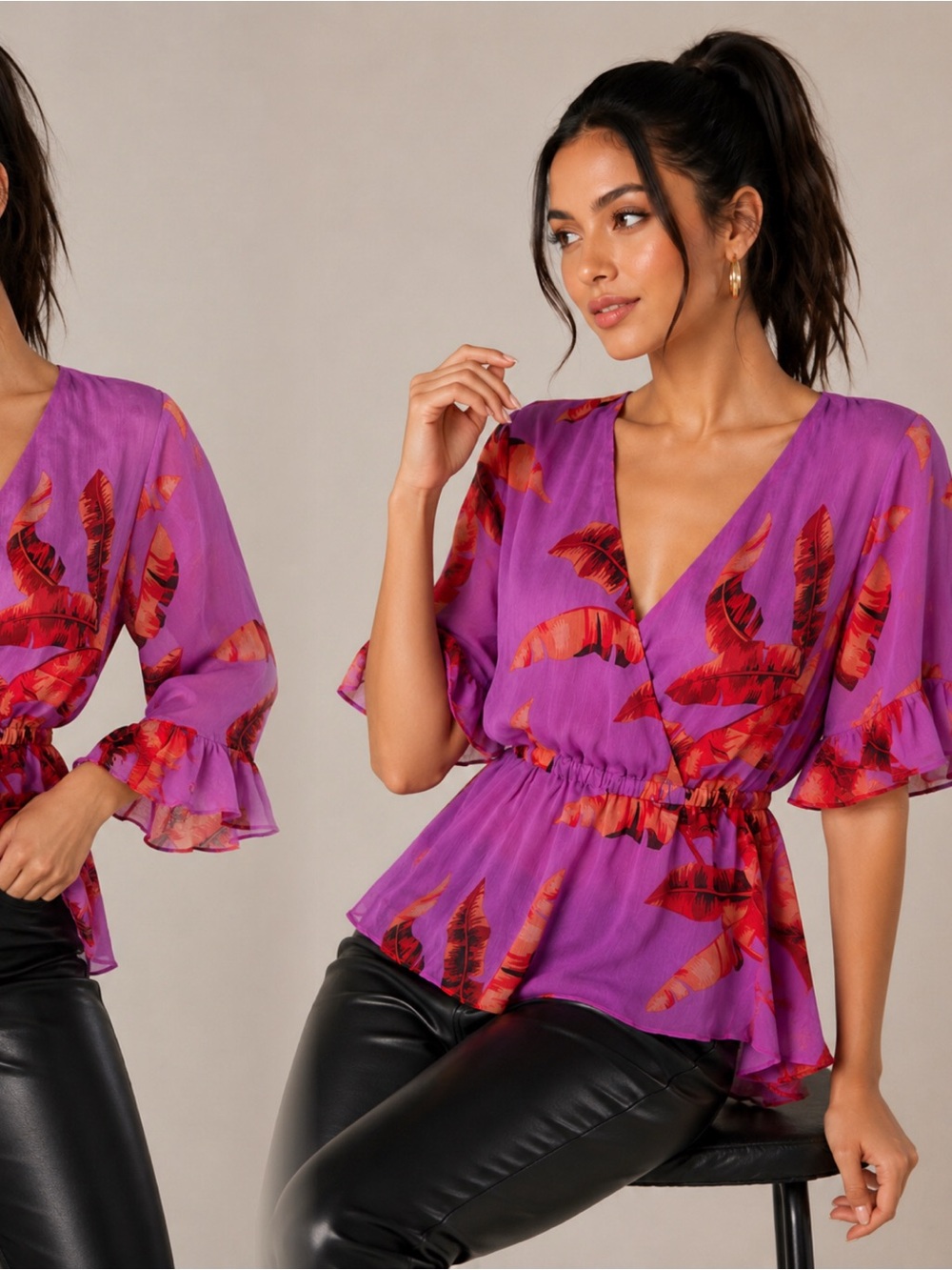 sofia by sofia vergara Purple Wrap Peplum Blouse with Red Floral Print